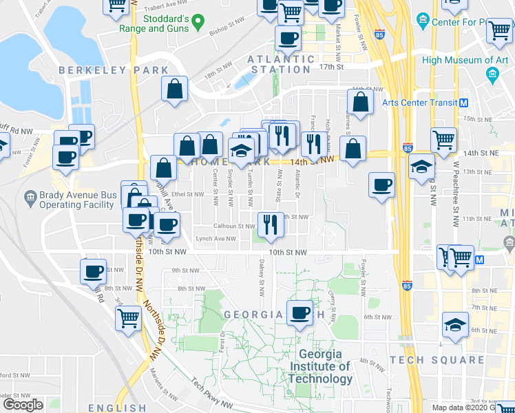 map of restaurants, bars, coffee shops, grocery stores, and more near 1085 Tumlin Street Northwest in Atlanta