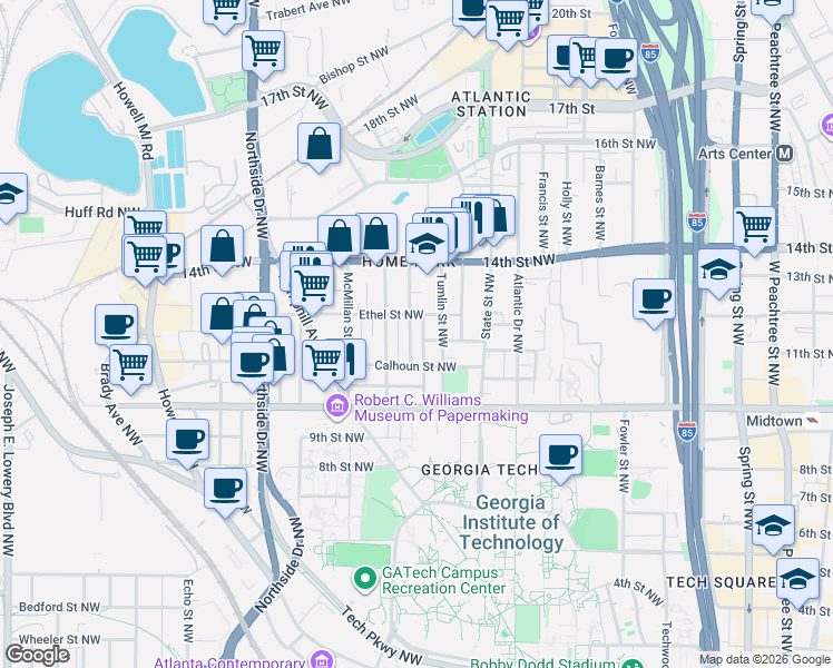 map of restaurants, bars, coffee shops, grocery stores, and more near 454 Ethel Street Northwest in Atlanta