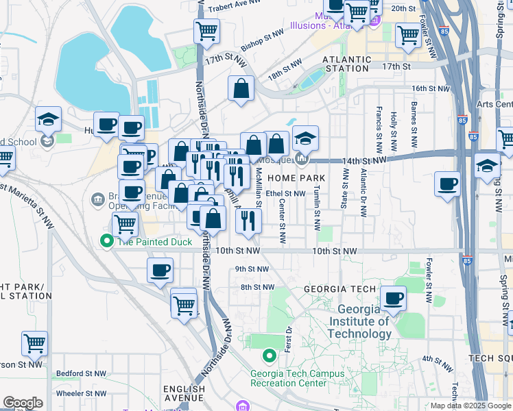 map of restaurants, bars, coffee shops, grocery stores, and more near 538 Ethel Street Northwest in Atlanta