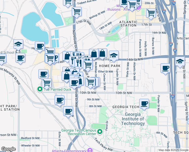 map of restaurants, bars, coffee shops, grocery stores, and more near 538 Ethel Street Northwest in Atlanta