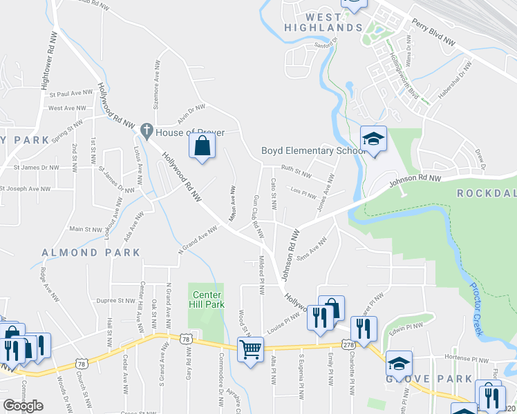 map of restaurants, bars, coffee shops, grocery stores, and more near 1060 Cato Street Northwest in Atlanta