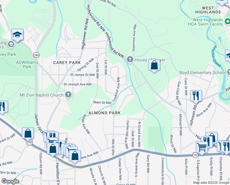 map of restaurants, bars, coffee shops, grocery stores, and more near 2340 Saint James Drive Northwest in Atlanta