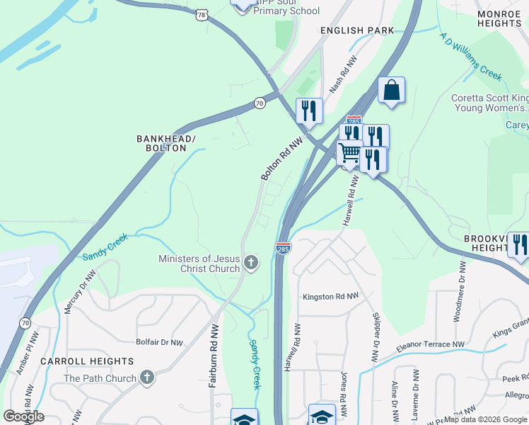 map of restaurants, bars, coffee shops, grocery stores, and more near 1051 Bolton Road Northwest in Atlanta