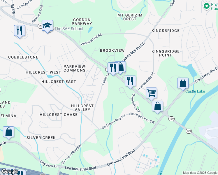 map of restaurants, bars, coffee shops, grocery stores, and more near 6973 Felton Lane in Mableton