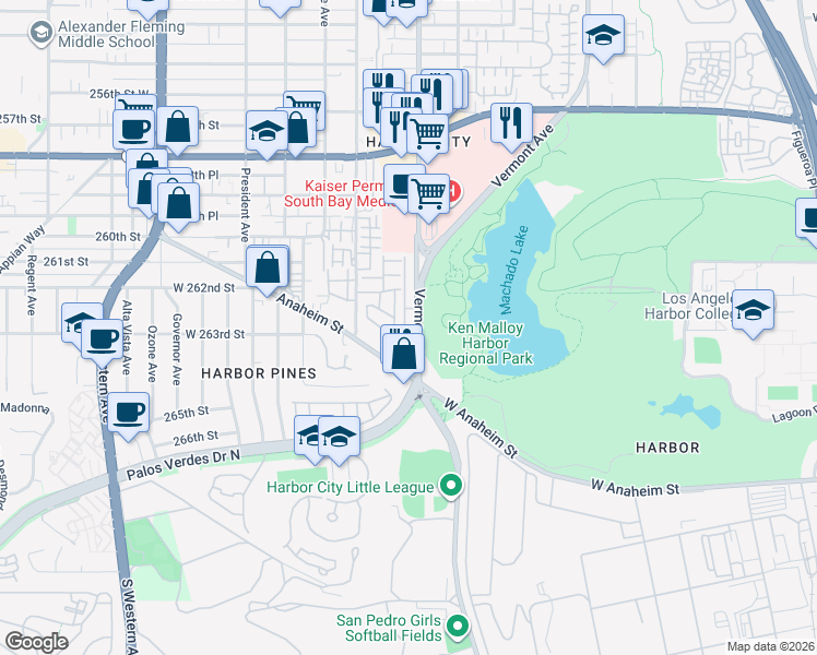 map of restaurants, bars, coffee shops, grocery stores, and more near 25975 Normandie Avenue in Los Angeles
