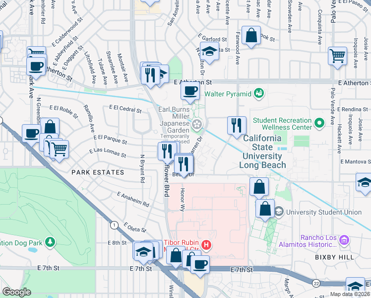 map of restaurants, bars, coffee shops, grocery stores, and more near 1250 North Bellflower Boulevard in Long Beach