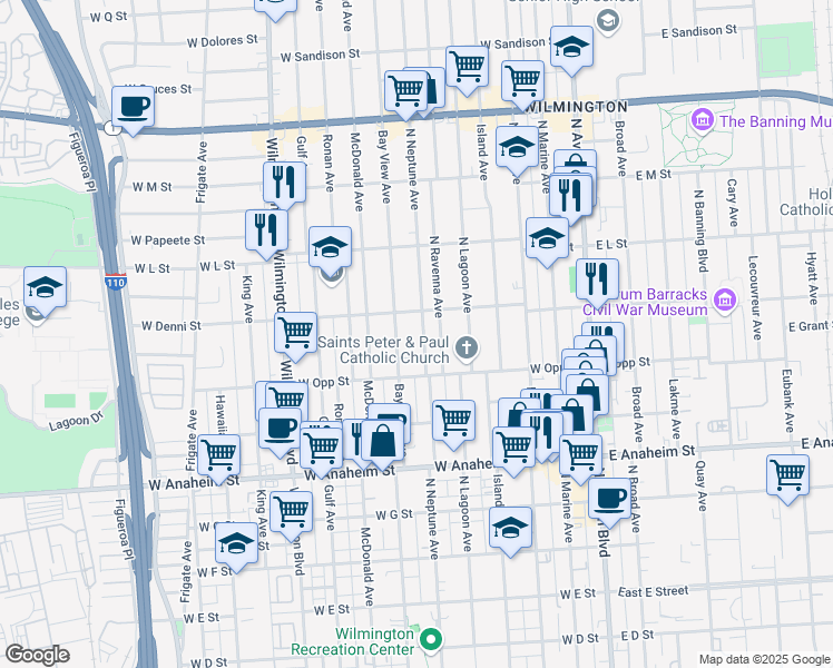 map of restaurants, bars, coffee shops, grocery stores, and more near 1047 North Neptune Avenue in Los Angeles