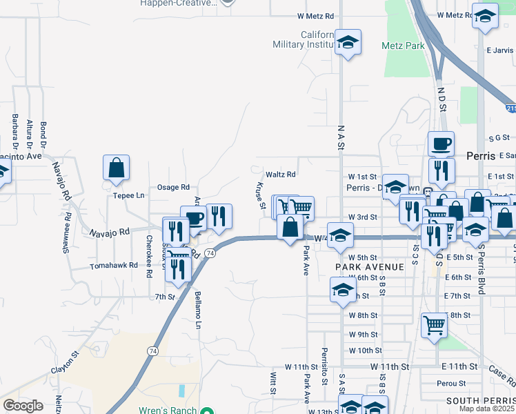 map of restaurants, bars, coffee shops, grocery stores, and more near 2 Kruse Street in Perris