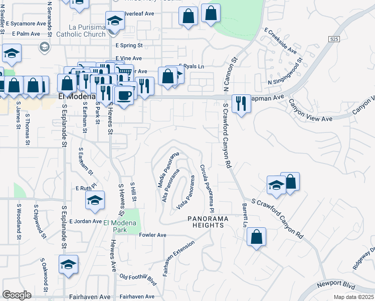 map of restaurants, bars, coffee shops, grocery stores, and more near 12352 Baja Panorama in Santa Ana