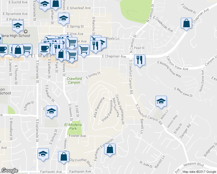 map of restaurants, bars, coffee shops, grocery stores, and more near 12352 Baja Panorama in Santa Ana