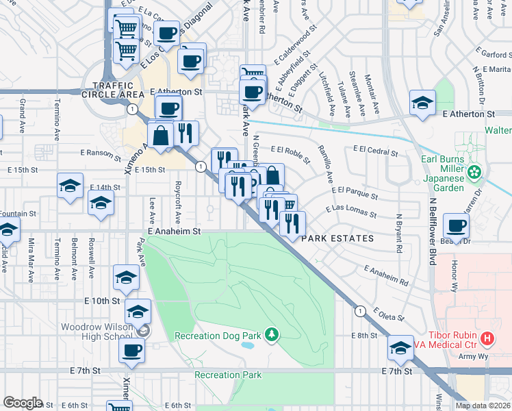 map of restaurants, bars, coffee shops, grocery stores, and more near 4835 E Pacific Coast Hwy in Long Beach