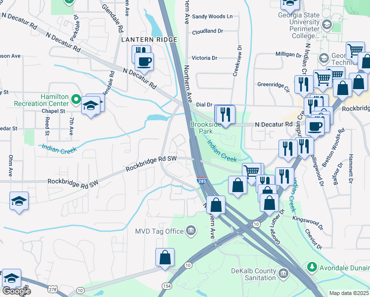 map of restaurants, bars, coffee shops, grocery stores, and more near 3548 Rockbridge Road in Avondale Estates