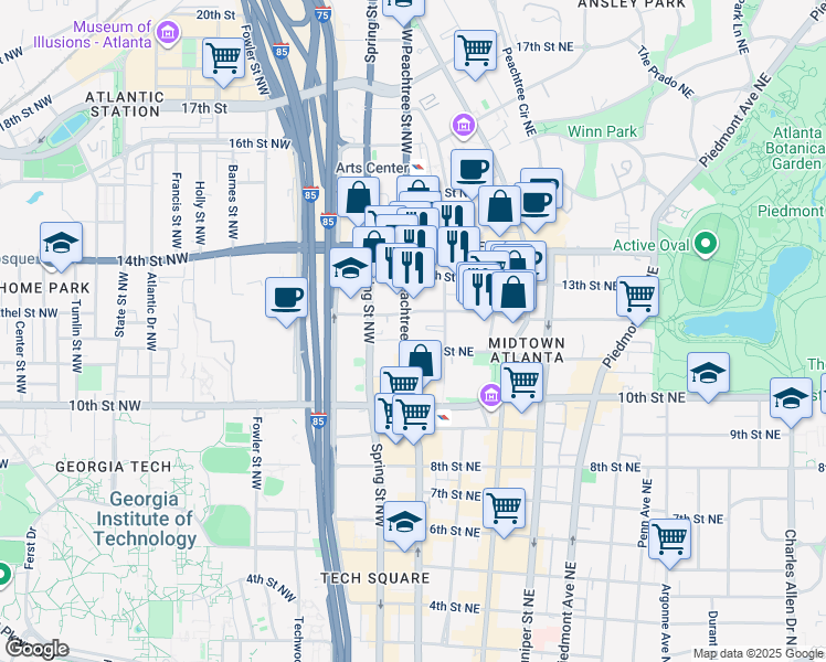 map of restaurants, bars, coffee shops, grocery stores, and more near 1073 West Peachtree Street Northwest in Atlanta