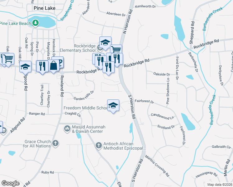 map of restaurants, bars, coffee shops, grocery stores, and more near 205 Walter Way in Stone Mountain