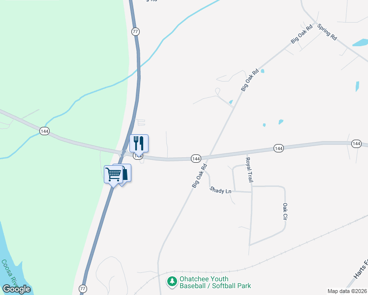 map of restaurants, bars, coffee shops, grocery stores, and more near 221 Alabama 144 in Ohatchee