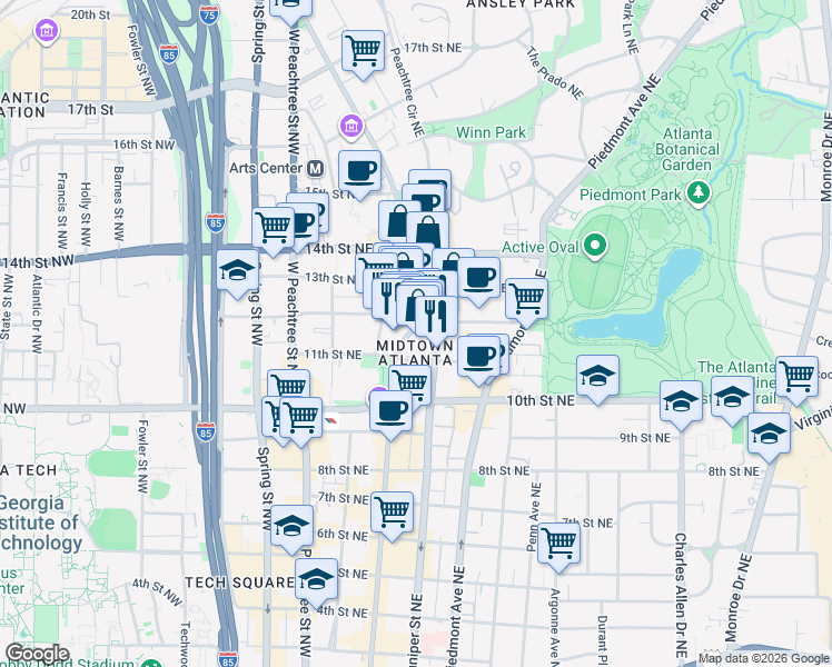 map of restaurants, bars, coffee shops, grocery stores, and more near 1075 Peachtree Street Northeast in Atlanta