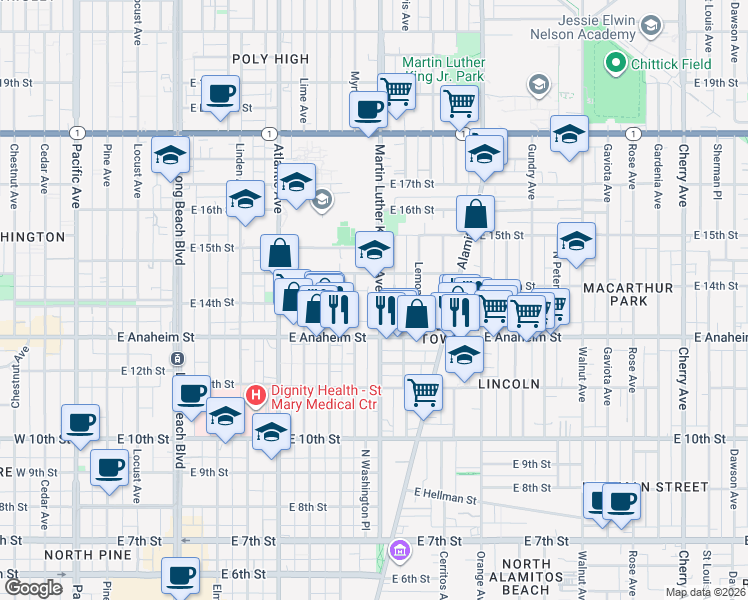 map of restaurants, bars, coffee shops, grocery stores, and more near 1425 Martin Luther King Junior Avenue in Long Beach