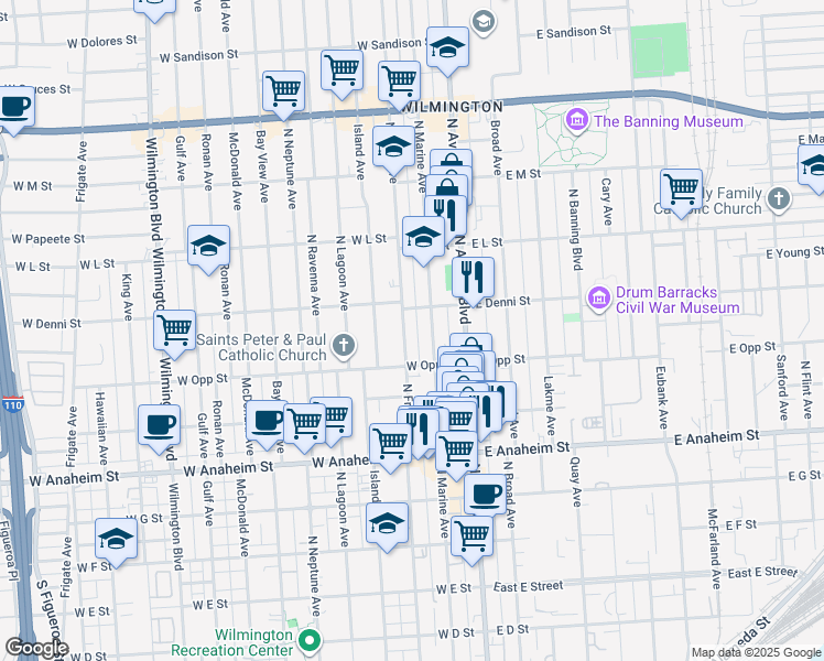 map of restaurants, bars, coffee shops, grocery stores, and more near 1036 North Fries Avenue in Los Angeles
