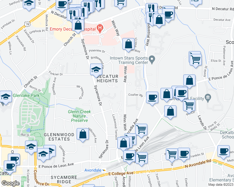 map of restaurants, bars, coffee shops, grocery stores, and more near 28 Sycamore Station in Decatur
