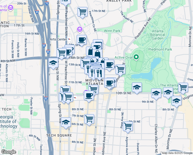 map of restaurants, bars, coffee shops, grocery stores, and more near 1075 Peachtree Street Northeast in Atlanta