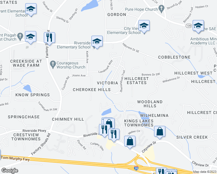 map of restaurants, bars, coffee shops, grocery stores, and more near 7034 Shenandoah Trail in Austell