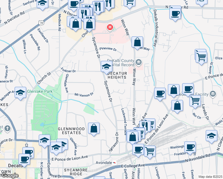 map of restaurants, bars, coffee shops, grocery stores, and more near 418 Bridlewood Circle in Decatur