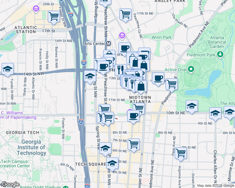 map of restaurants, bars, coffee shops, grocery stores, and more near 72 12th Street Northeast in Atlanta