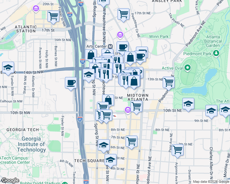 map of restaurants, bars, coffee shops, grocery stores, and more near 1074 Peachtree Walk Northeast in Atlanta