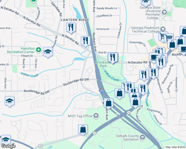 map of restaurants, bars, coffee shops, grocery stores, and more near 3661 Decatur Avenue in Scottdale