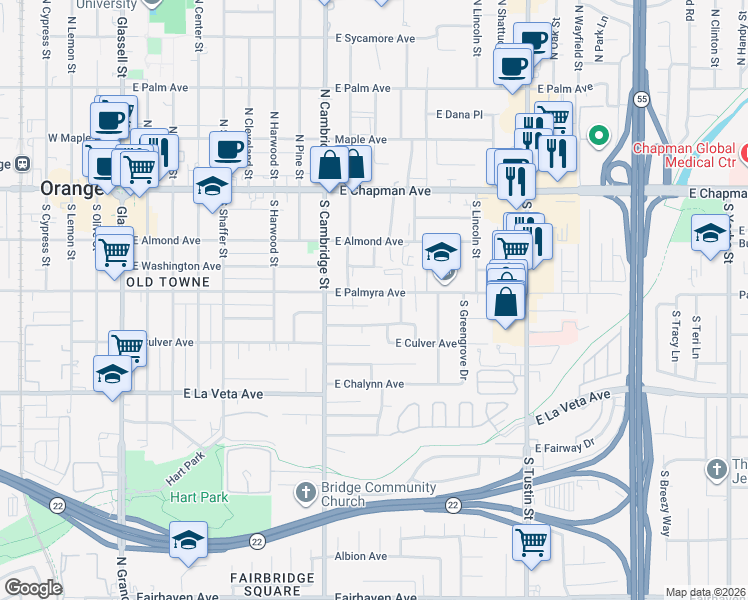 map of restaurants, bars, coffee shops, grocery stores, and more near 1044 East Palmyra Avenue in Orange