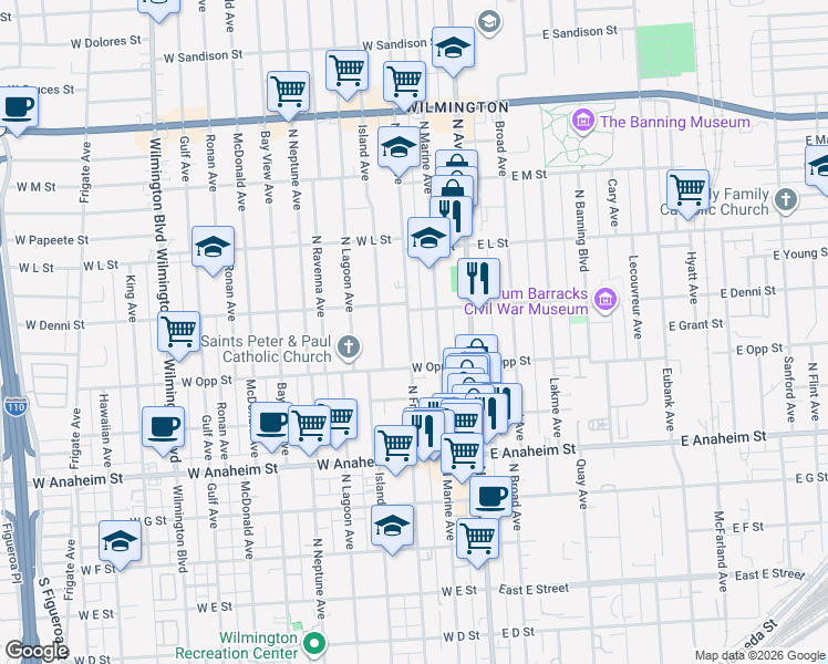 map of restaurants, bars, coffee shops, grocery stores, and more near 1036 North Fries Avenue in Los Angeles