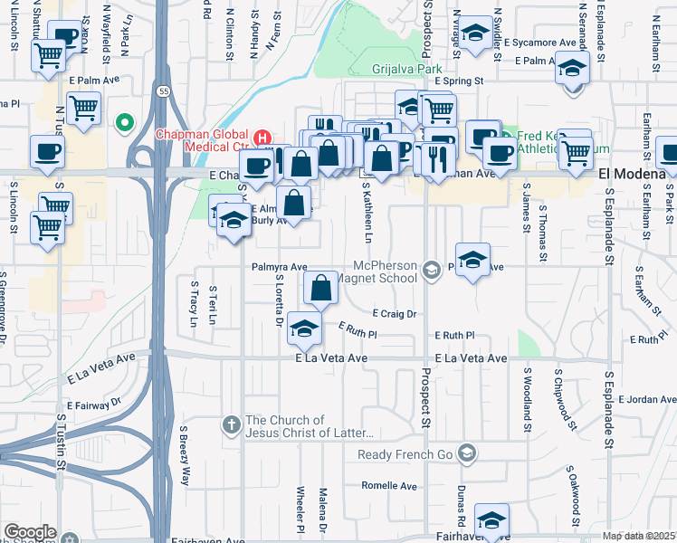 map of restaurants, bars, coffee shops, grocery stores, and more near 308 South Craig Drive in Orange