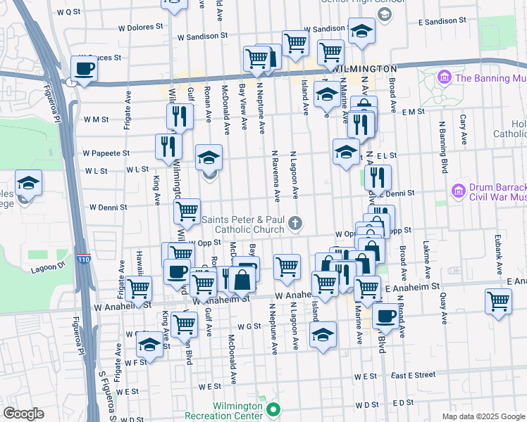 map of restaurants, bars, coffee shops, grocery stores, and more near 1047 North Neptune Avenue in Los Angeles
