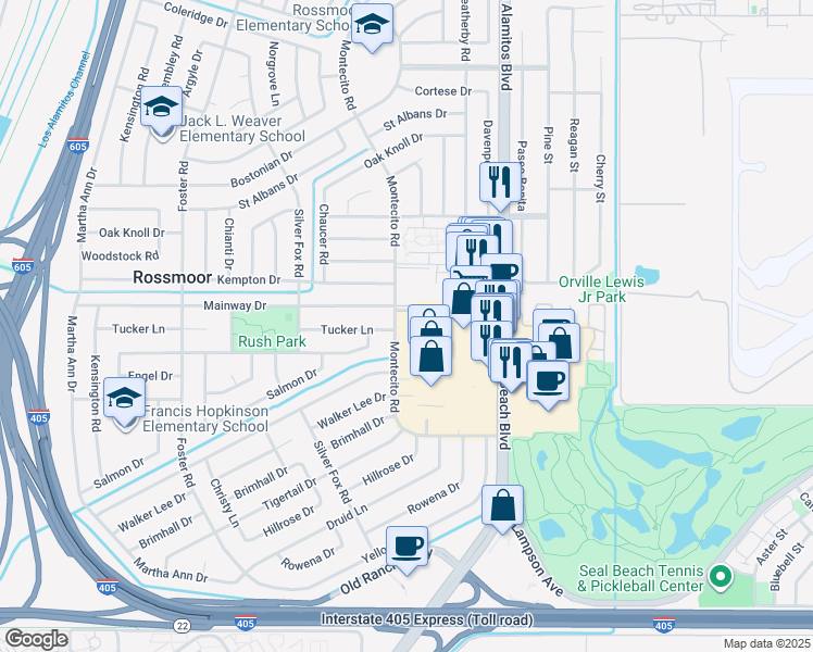 map of restaurants, bars, coffee shops, grocery stores, and more near in Seal Beach