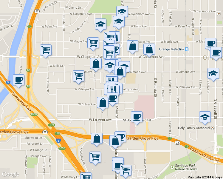 map of restaurants, bars, coffee shops, grocery stores, and more near 1475 West Palmyra Avenue in Orange