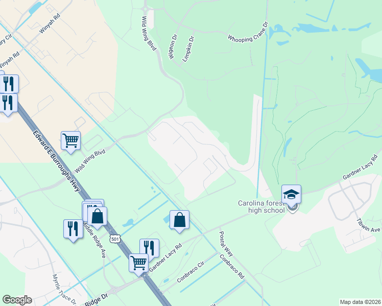 map of restaurants, bars, coffee shops, grocery stores, and more near 324 Wild Wing Boulevard in Conway