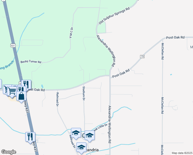 map of restaurants, bars, coffee shops, grocery stores, and more near 731 Post Oak Road in Alexandria