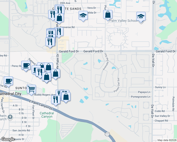 map of restaurants, bars, coffee shops, grocery stores, and more near 74 Vía Minorca in Cathedral City