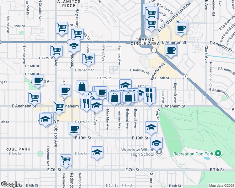 map of restaurants, bars, coffee shops, grocery stores, and more near 1353 Termino Avenue in Long Beach