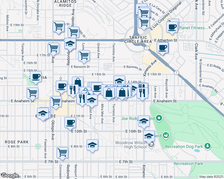 map of restaurants, bars, coffee shops, grocery stores, and more near 1353 Termino Avenue in Long Beach