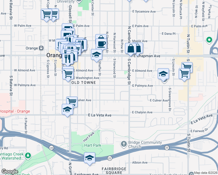 map of restaurants, bars, coffee shops, grocery stores, and more near 606 East Palmyra Avenue in Orange