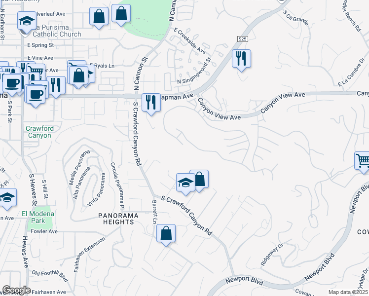 map of restaurants, bars, coffee shops, grocery stores, and more near 5701 East Rocking Horse Way in Orange
