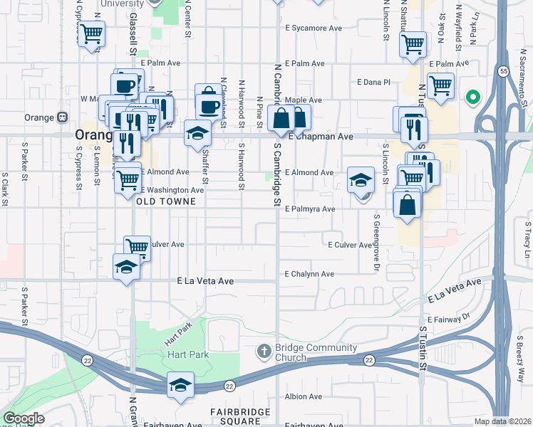 map of restaurants, bars, coffee shops, grocery stores, and more near 820 East Palmyra Avenue in Orange