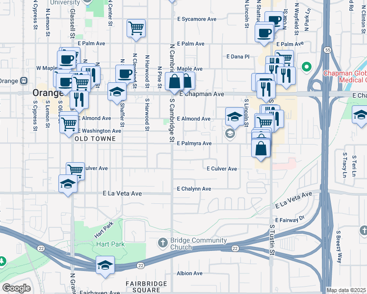 map of restaurants, bars, coffee shops, grocery stores, and more near 952 East Palmyra Avenue in Orange