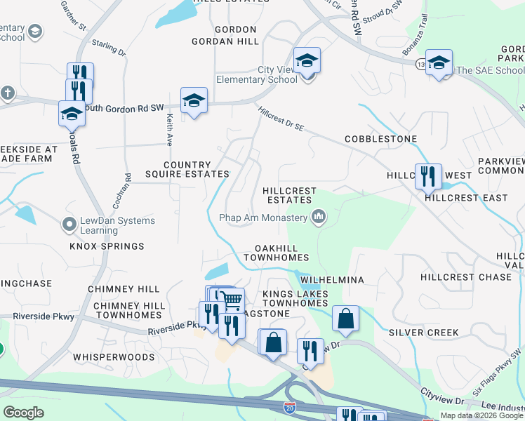 map of restaurants, bars, coffee shops, grocery stores, and more near 6974 ⛉ Bonnes Boulevard in Austell