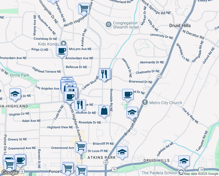 map of restaurants, bars, coffee shops, grocery stores, and more near 1095 Rosedale Road Northeast in Atlanta