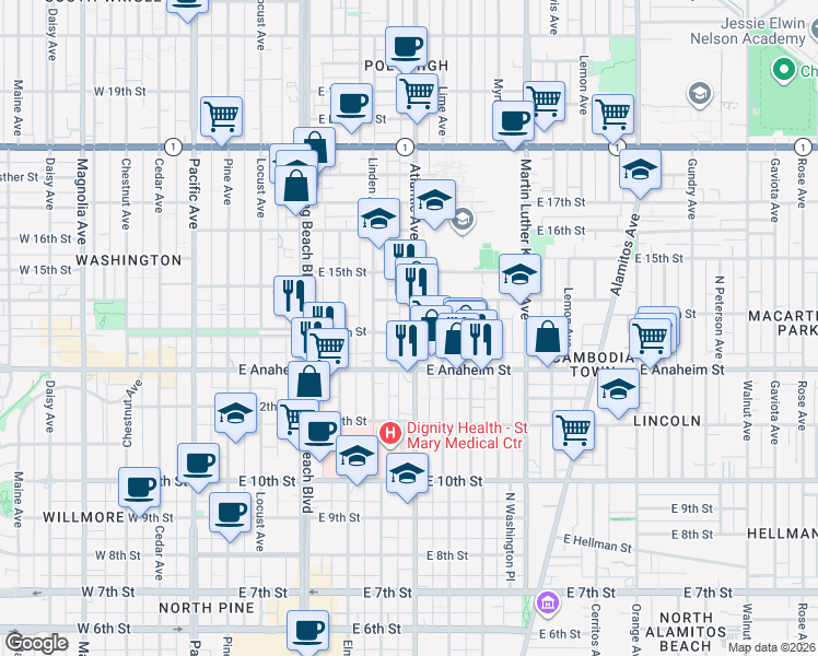 map of restaurants, bars, coffee shops, grocery stores, and more near 1411 Atlantic Avenue in Long Beach