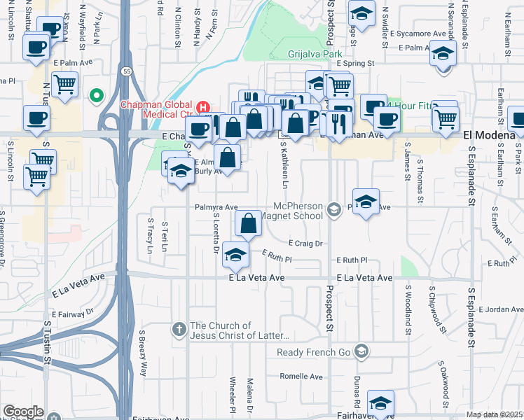 map of restaurants, bars, coffee shops, grocery stores, and more near 308 South Craig Drive in Orange