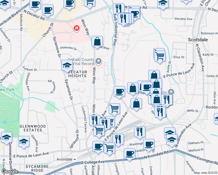 map of restaurants, bars, coffee shops, grocery stores, and more near 712 Alden Drive in Decatur