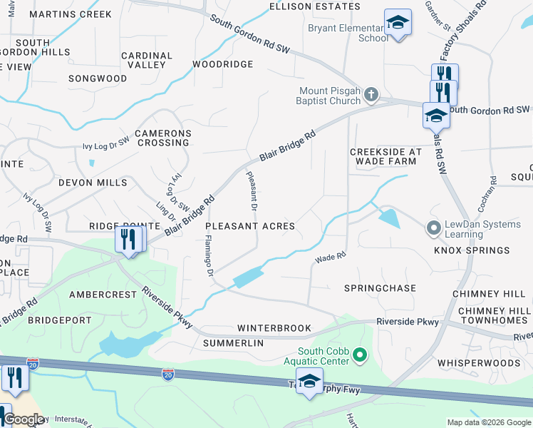 map of restaurants, bars, coffee shops, grocery stores, and more near 6961 Pleasant Drive in Austell